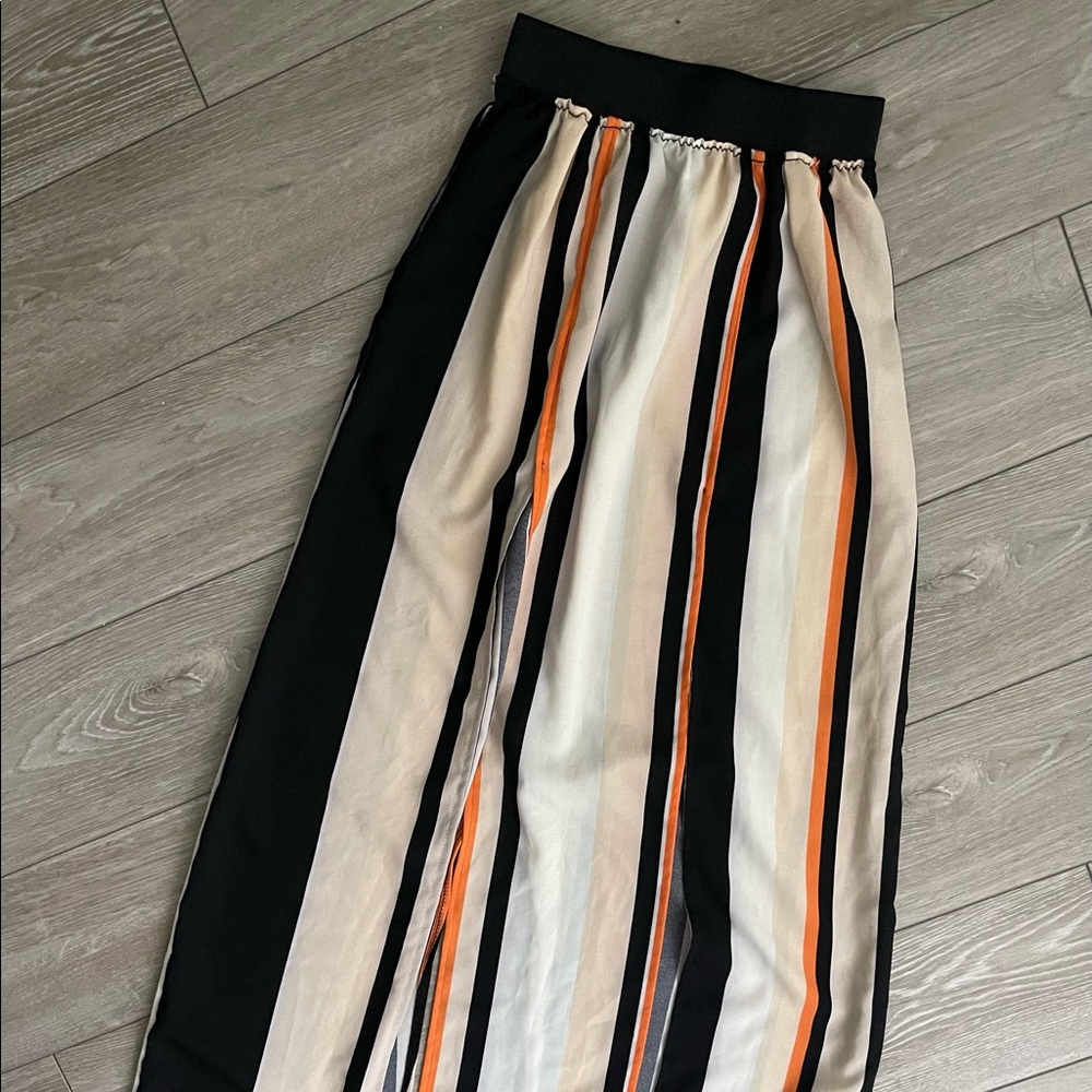 New striped print black cream and orange midi skirt for women Size